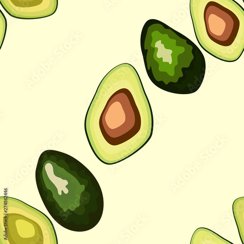 Avocado seamless pattern. Whole and sliced avocado