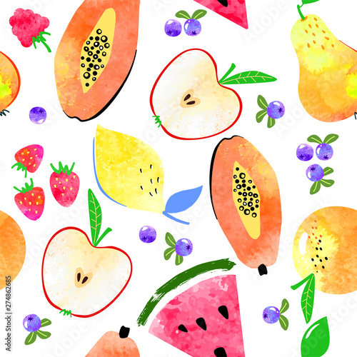 Fototapeta Naklejka Na Ścianę i Meble -  Seamless pattern with watercolor textured fruits: apple, watermelon, papaya, lemon and berries