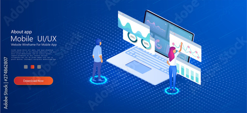 Application of laptop with business graph and analytics data on isometric laptop . Analysis UI/UX trends and financial strategy by using infographic chart. Online statistics and data Analytics. Vector