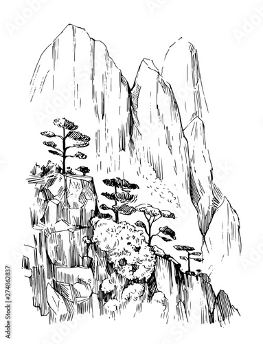 Sketch of the mountains of China. Hand drawn illustrtion converted to vector