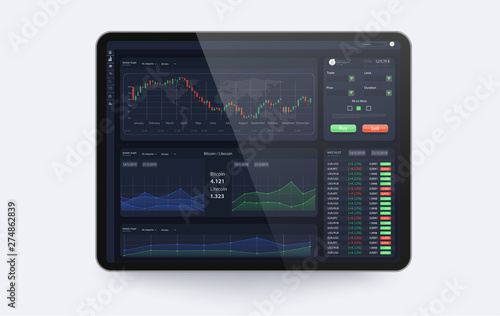 Trading platform interface with infographic elements. Trade UI, great design for any purposes. Trade concept.Web site screen template. forex market,news and analysis.Binary option. Vector illustration
