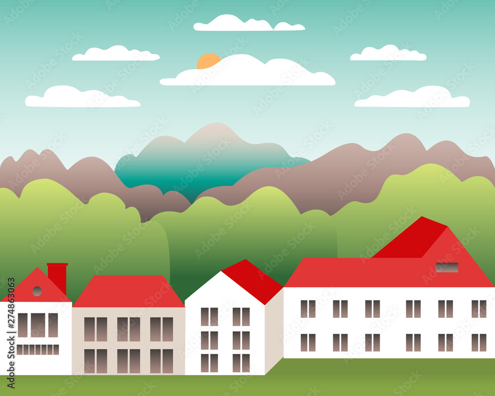 Rural valley Farm countryside. Village landscape with ranch in flat style design. Landscape with house farm family, barn, building, hills, tree, mountains, background cartoon vector illustration