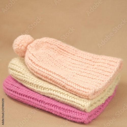 Close shot of cold weather winter handmade knitting clothes