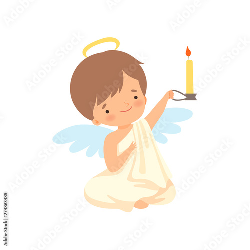 Fotografie Cute Boy Angel with Nimbus and Wings Sitting and Holding Burning Candle, Lovely