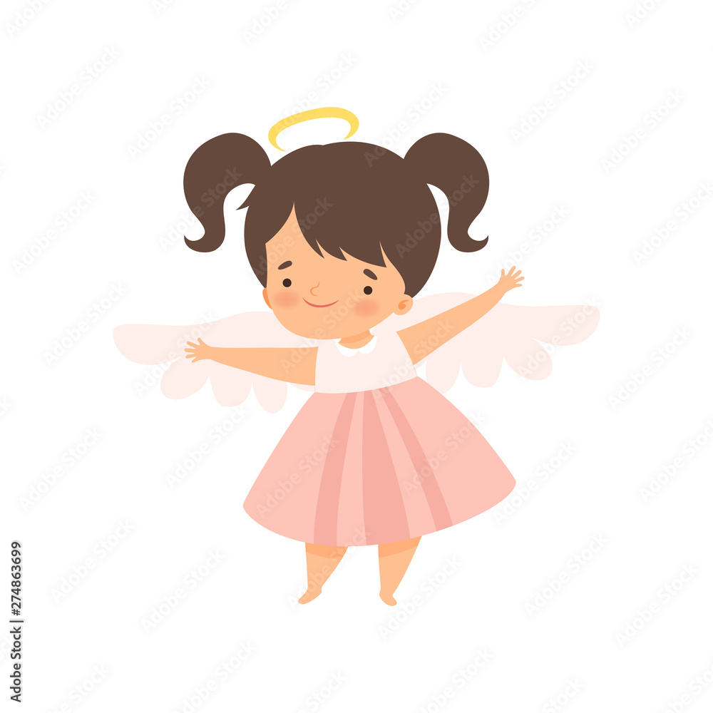Cute Girl Angel with Nimbus and Wings, Lovely Baby Cartoon Character in Angel Costume Vector Illustration Cute Girl Angel with Nimbus and Wings, Lovely Baby Cartoon Character in Angel Costume Vector Illustration