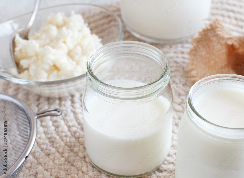 Fermented drink kefir in small bottles and kefir grains Fermented drink kefir in small bottles and kefir grains