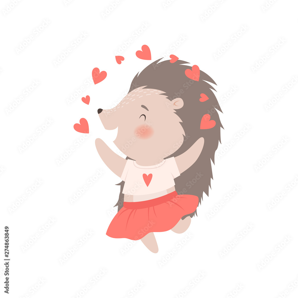 Cute Hedgehog Girl in Dress Surrounded Red Hearts, Adorable Prickly Animal Cartoon Character Vector Illustration Cute Hedgehog Girl in Dress Surrounded Red Hearts, Adorable Prickly Animal Cartoon Character Vector Illustration