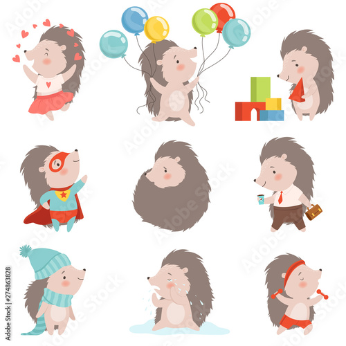 Cute Hedgehog Set, Adorable Prickly Animal Cartoon Character in Different Situations Vector Illustration
