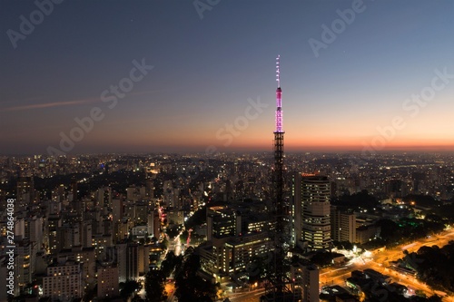 Sunset aerial view in S  o Paulo  Brazil. Great landscape. Explosion of colors on skyline. Business travel. Travel destination.