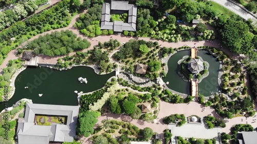 the areal view of temple and garden in hong kong