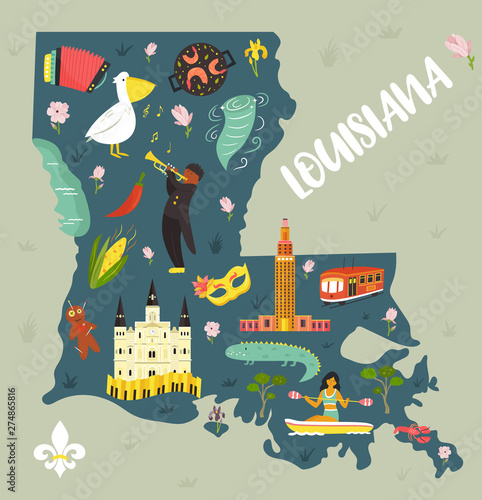 Canvas Print Louisiana Cartoon map with landmarks and symbols