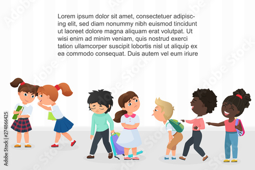 Multiracial children kids bullying, pointing and laughing at upset classmates in school corridor vector illustration.