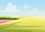 Clouds floating on blue sky over peaceful field with green grass vector illustration landscape.