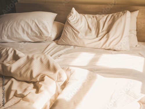 Quadro su tela Bed sheet mattress and pillows messed up Bedroom interior