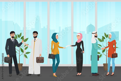 Men and women in traditional Muslim clothes speaking with each other while working in office together vector illustration.