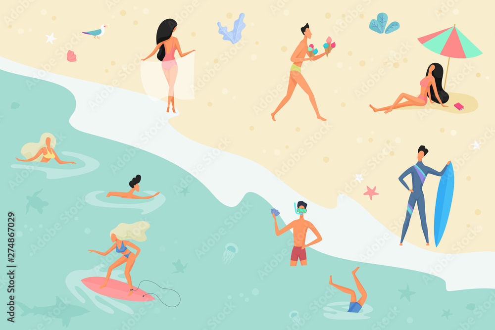 Vector summertime cartoon illustration. People on the beach. Sunbathing, talking, surfing and swimming in sea or ocean. Beach top view flat illustration.