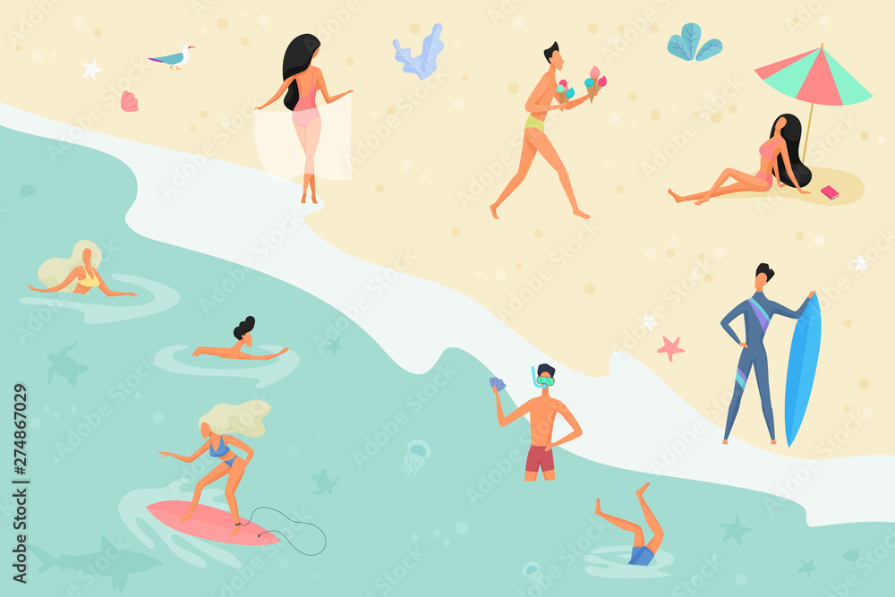 Vector summertime cartoon illustration. People on the beach. Sunbathing, talking, surfing and swimming in sea or ocean. Beach top view flat illustration. Vector summertime cartoon illustration. People on the beach. Sunbathing, talking, surfing and swimming in sea or ocean. Beach top view flat illustration.
