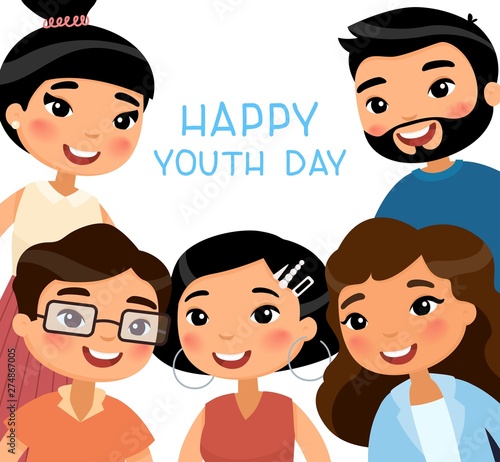 Happy Youth Day poster. Five asian young women and young men friends. Funny cartoon character.  Vector illustration. Isolated on white background