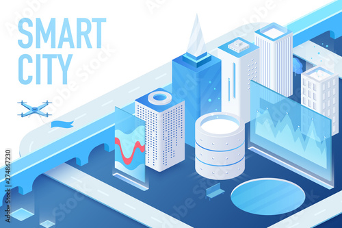 Isometric model of modern smart city with data centers, servers and matrix crypto blockchain buildings vector illustration.