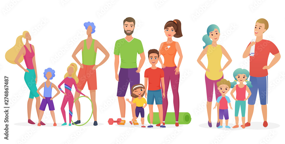 Three vector illustrations styles of happy fit families during training in gym vector illustration.