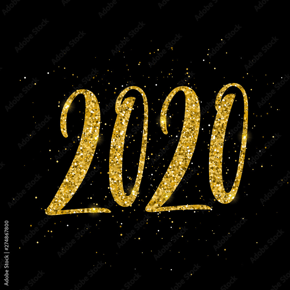 Happy New Year 2020 poster with hand drawn lettering.