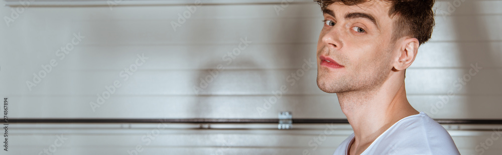 Obraz premium panoramic shot of smiling man in white t-shirt looking at camera