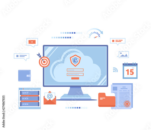 Cloud Security, Cloud Computing, Data Protecting, Secure data exchange. Monitor screen with sign form, login and password, server, documents, information. Vector illustration on white background.