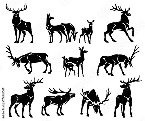 Red deer group. Black silhouette. Isolated on a white background