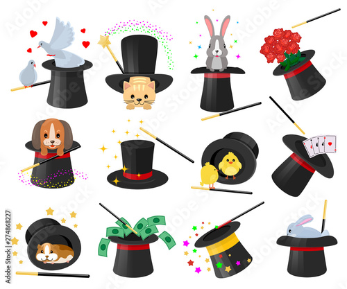 Foto Magician hat vector illusionist show with animal character cat dog in magical ha