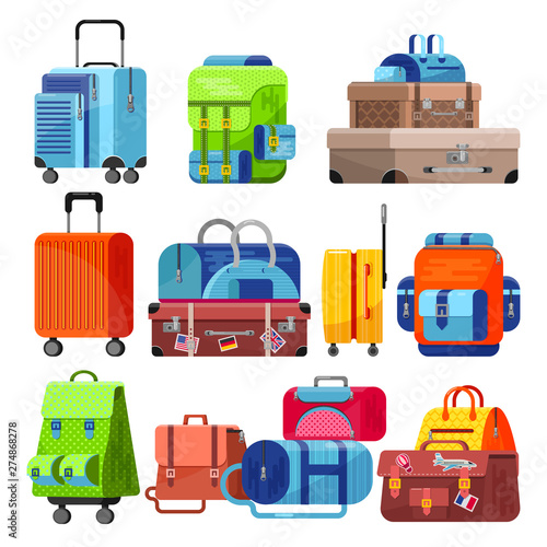 Travel bag vector luggage suitcase for journey vacation tourism illustration set of trip baggage and tour adventure case or handbag for tourist isolated on white background