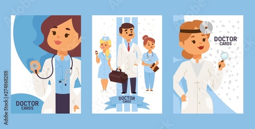Team of doctors and other hospital workers set of cards vector illustration. Otorhinolaringologist physician with equipment. Man with case. Nurse holding pills or medicine. photo