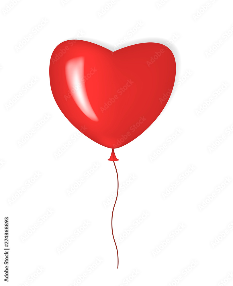 Heart shaped red balloon isolated on white background, realistic vector illustration. Blank mockup for design