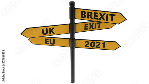 Signpost with Brexit,UK,EU,and Exit concept in yellow color on white