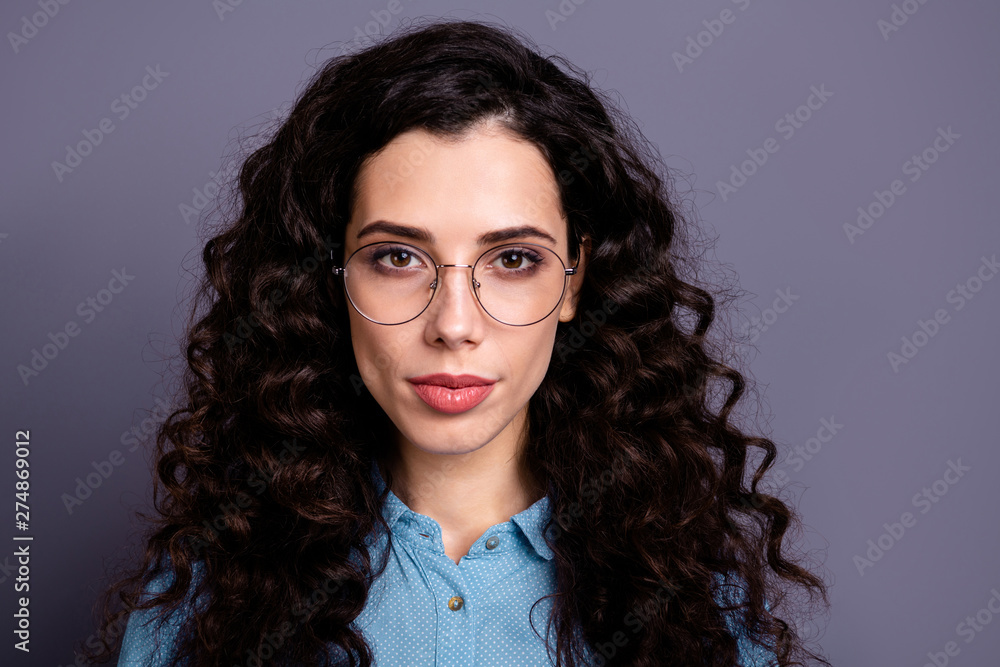 Fototapeta premium Portrait of focused minded charming entrepreneur have look reday solve problems trouble choose choice decide decision wavy curly hairstyle wear shirt blue denim jeans isolated grey background