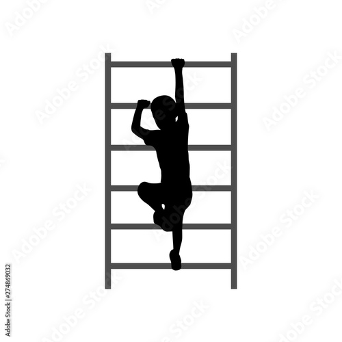 Black silhouette of a boy scrambling on the stairs.