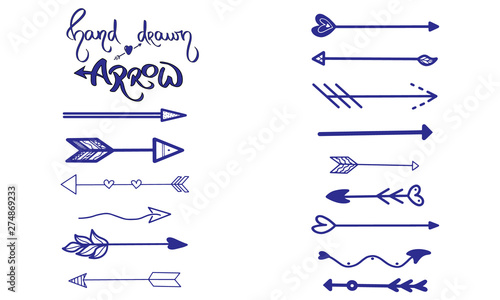 Handdrawn arrow vector. Arrow thin line icon set. Modern outline sign kit of pointer. Linear curved arrow collection. Simple dark blue symbol on white. Vintage style illustration turn to the left icon photo
