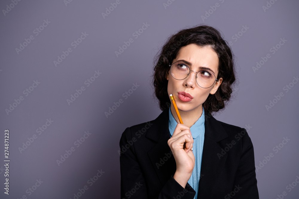 Close up photo of nice charming pensive lady have thought choice decision decide solution start-up document clever millennial wavy curly hairstyle isolated grey background Close up photo of nice charming pensive lady have thought choice decision decide solution start-up document clever millennial wavy curly hairstyle isolated grey background