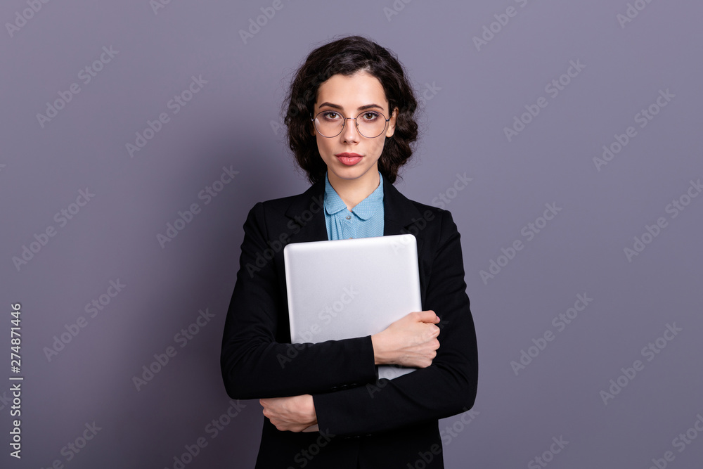 Portrait of charming magnificent freelancer editor manager have modern technology wavy curly hairdo haircut trendy stylish dressed black jacket classy isolated grey background Portrait of charming magnificent freelancer editor manager have modern technology wavy curly hairdo haircut trendy stylish dressed black jacket classy isolated grey background