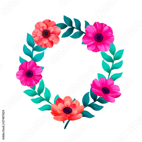 Floral circle frame. Tropical flowers trendy template. Summer Design with beautiful flowers and leaves with copy space on white background. Invitations, wedding or greeting cards.