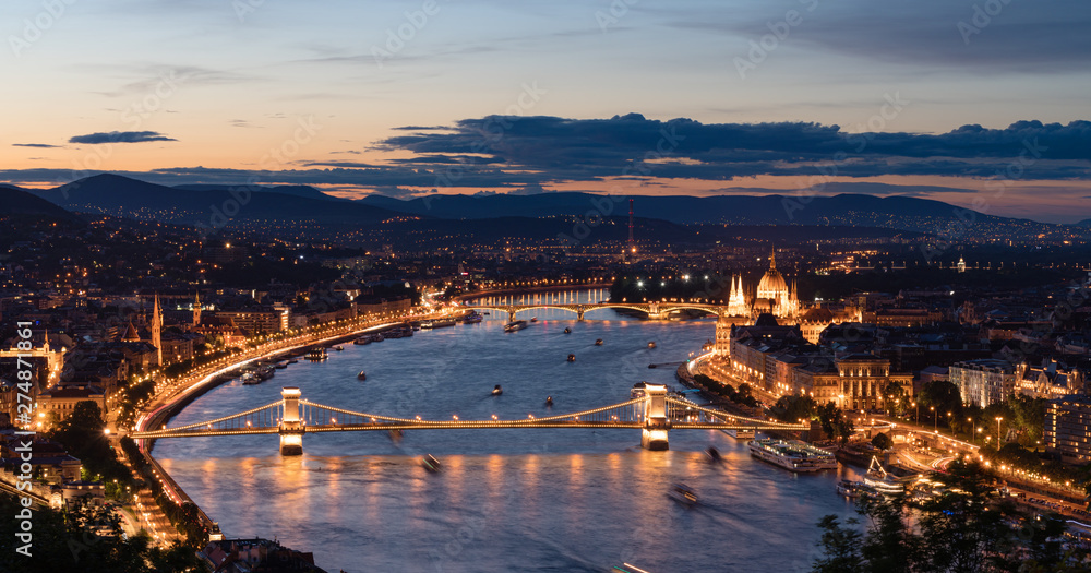 Budapest city, high angle view at twilight in Hungary
