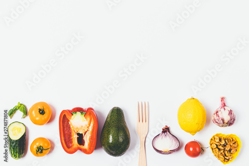 Flat lay frame of fresh wholesome food of vegetables