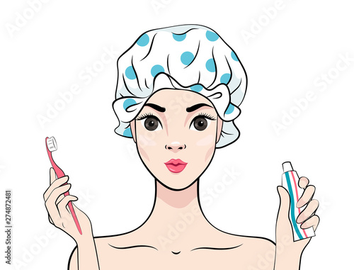 Beautiful young woman in shower cap with toothbrush and toothpaste isolated  on the white background. Vector illustration in cartoon style Stock Vector  | Adobe Stock