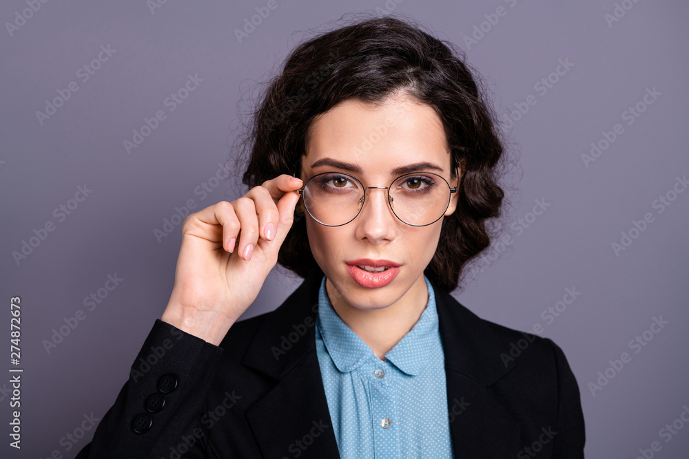 Close up photo of cute charming lady stunning touch round specs focused think thoughtful pomade red lipstick isolated jacket dressed classy grey background Close up photo of cute charming lady stunning touch round specs focused think thoughtful pomade red lipstick isolated jacket dressed classy grey background