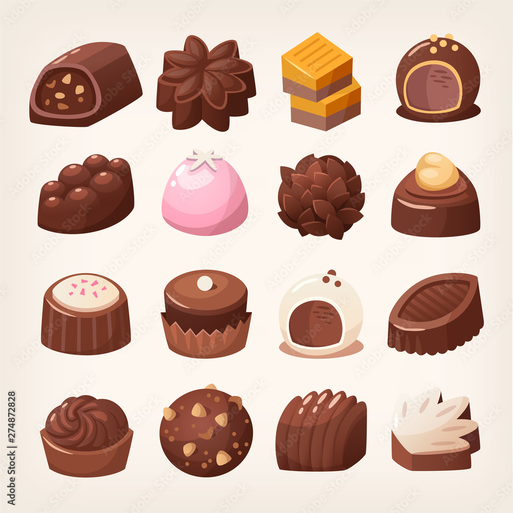 Delicious dark and white chocolate candies in various shapes and flavors. Isolated vector images. 