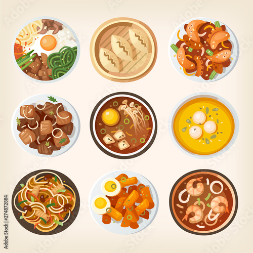 Different dishes from South Korean country traditional cuisine. Illustrations of eastern asian countries meals from above. Isolated vector food images