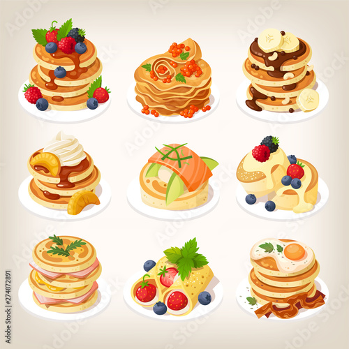 Set of tasty pancake dishes served for breakfast. Isolated vector illustrations.