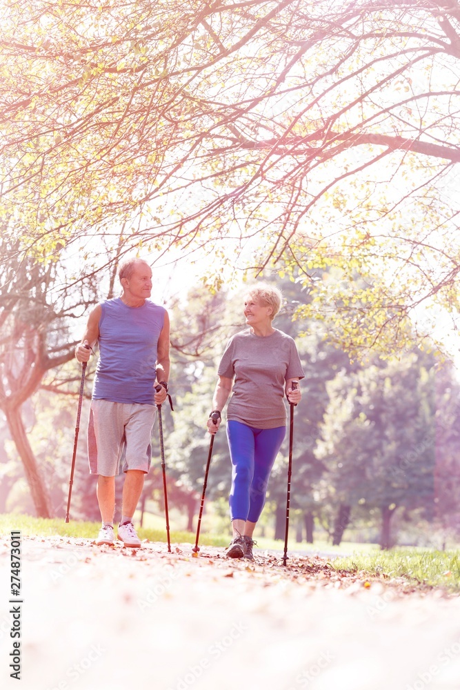 Senior couple in sportswear walking with poles on footpath