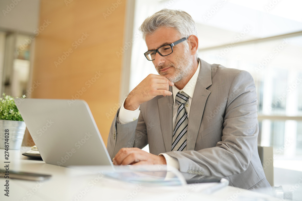 Mature businessman working on computer in corporate office Mature businessman working on computer in corporate office
