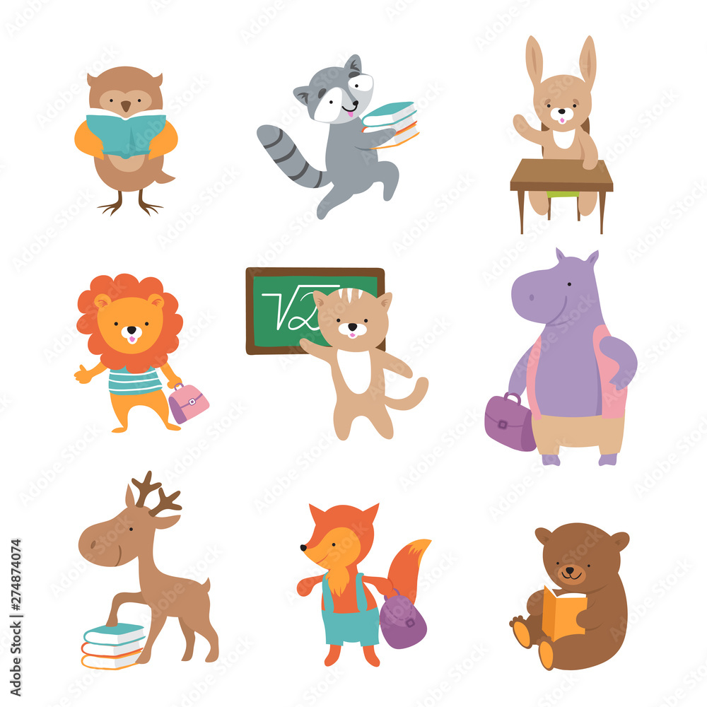 Cute school animals. Bear raccoon lion hare hippo fox, pupils with books and backpacks. Back to school vector characters. Illustration of animal school character, back to study