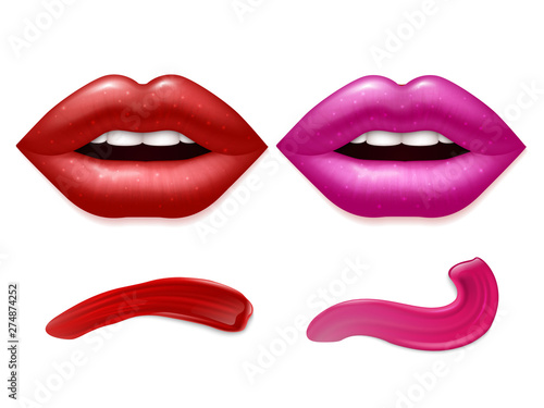 Realistic vector lips and lipstick smears isolated on white background. Smear fashion cosmetic, glamour makeup stroke illustration